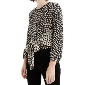J. Crew Silk pebble polka dot print tie front blouse black white
